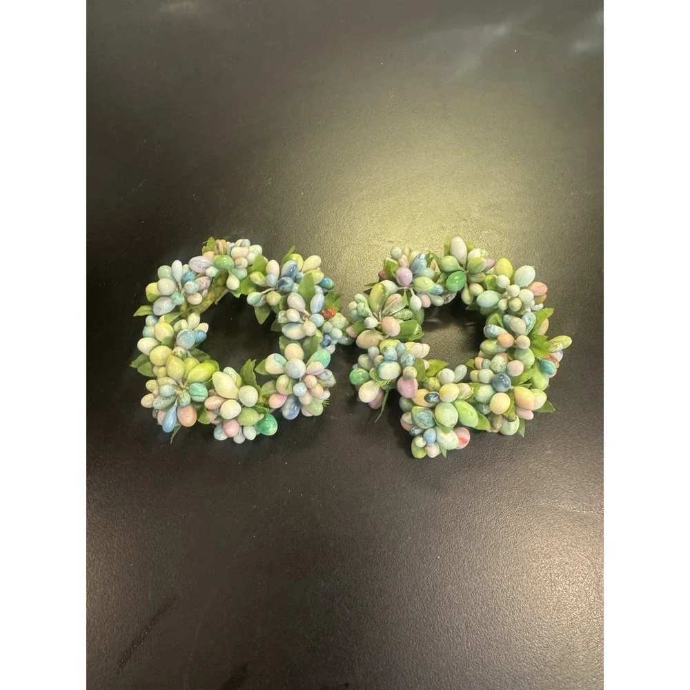 2 Country Primitive Cream & Pink & Blue & Green Floral Mini‎ Wreath Rings